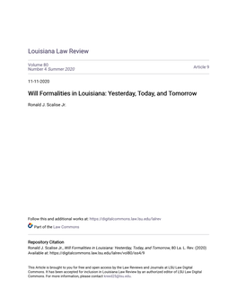 Will Formalities in Louisiana: Yesterday, Today, and Tomorrow