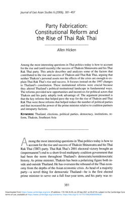 Party Fabrication: Constitutional Reform and the Rise of Thai Rak Thai