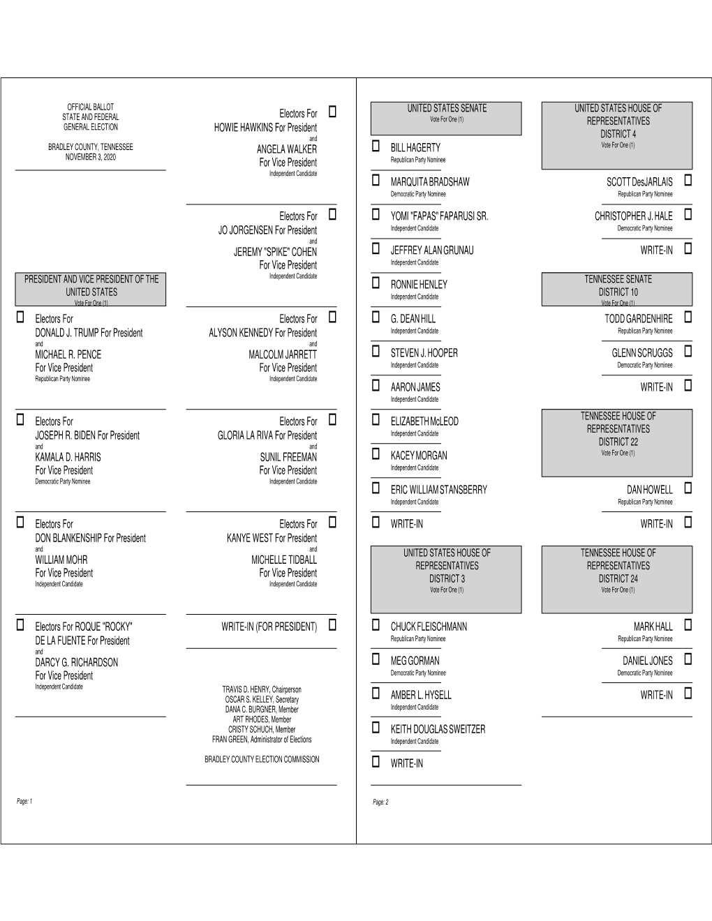 Sample Ballot for Bradley County