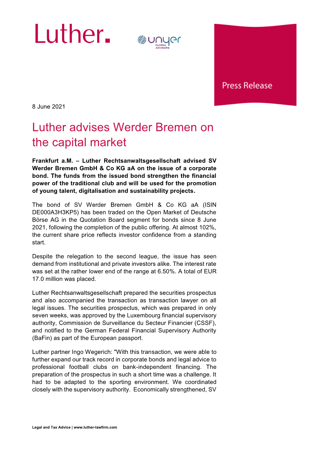 Luther Advises Werder Bremen on the Capital Market