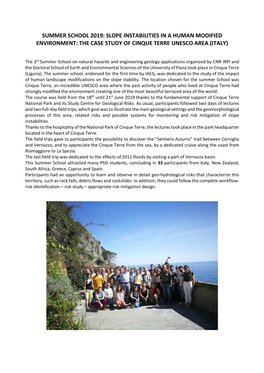 Summer School 2019: Slope Instabilities in a Human Modified Environment: the Case Study of Cinque Terre Unesco Area (Italy)