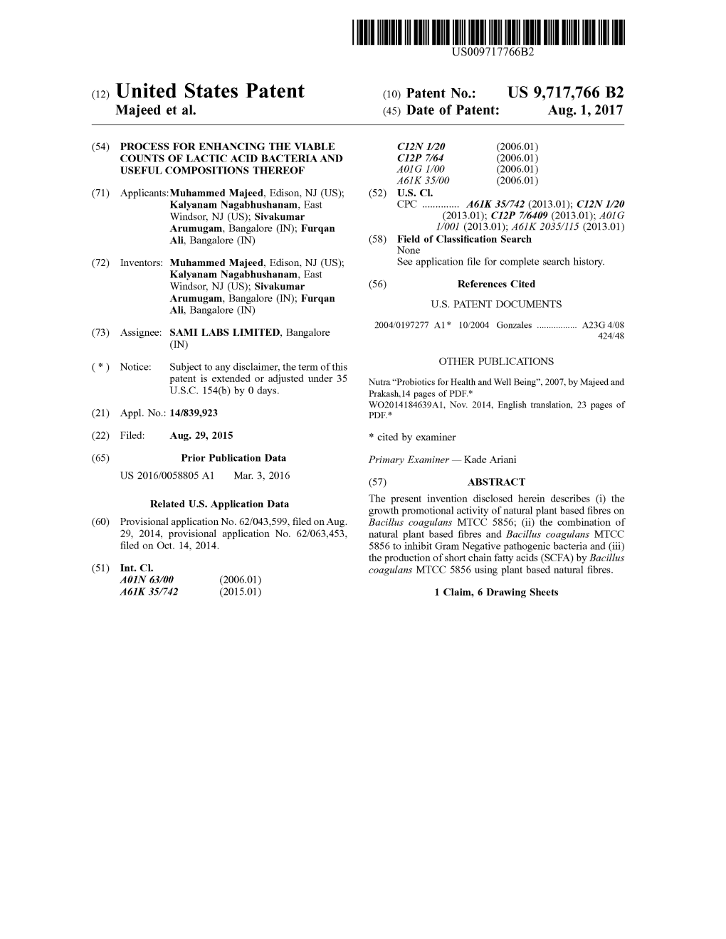 (12) United States Patent (10) Patent No.: US 9,717,766 B2 Majeed Et Al