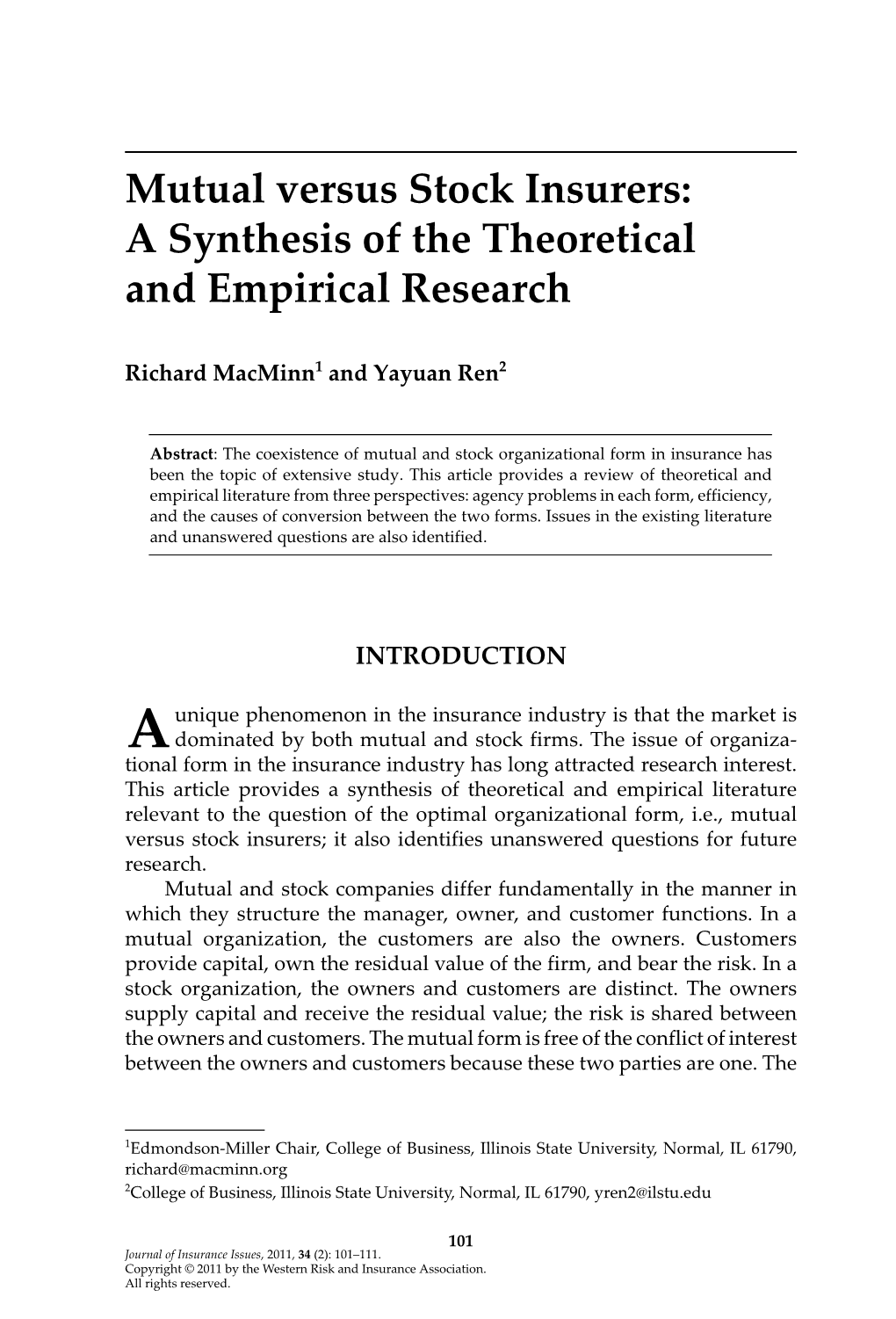 Mutual Versus Stock Insurers: a Synthesis of the Theoretical and Empirical Research