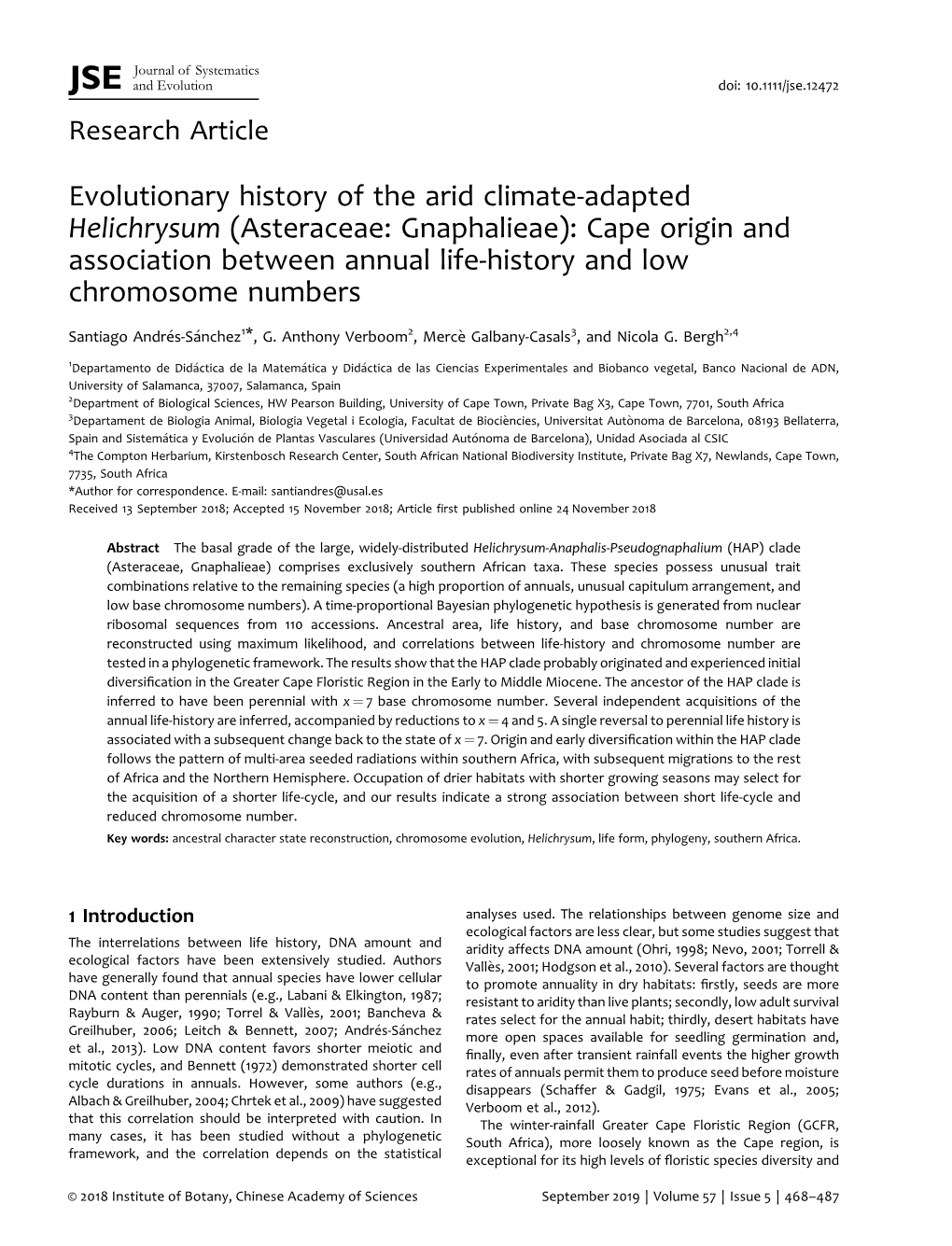 Evolutionary History of the Arid Climate‐Adapted Helichrysum (Asteraceae: Gnaphalieae): Cape Origin and Association Between An