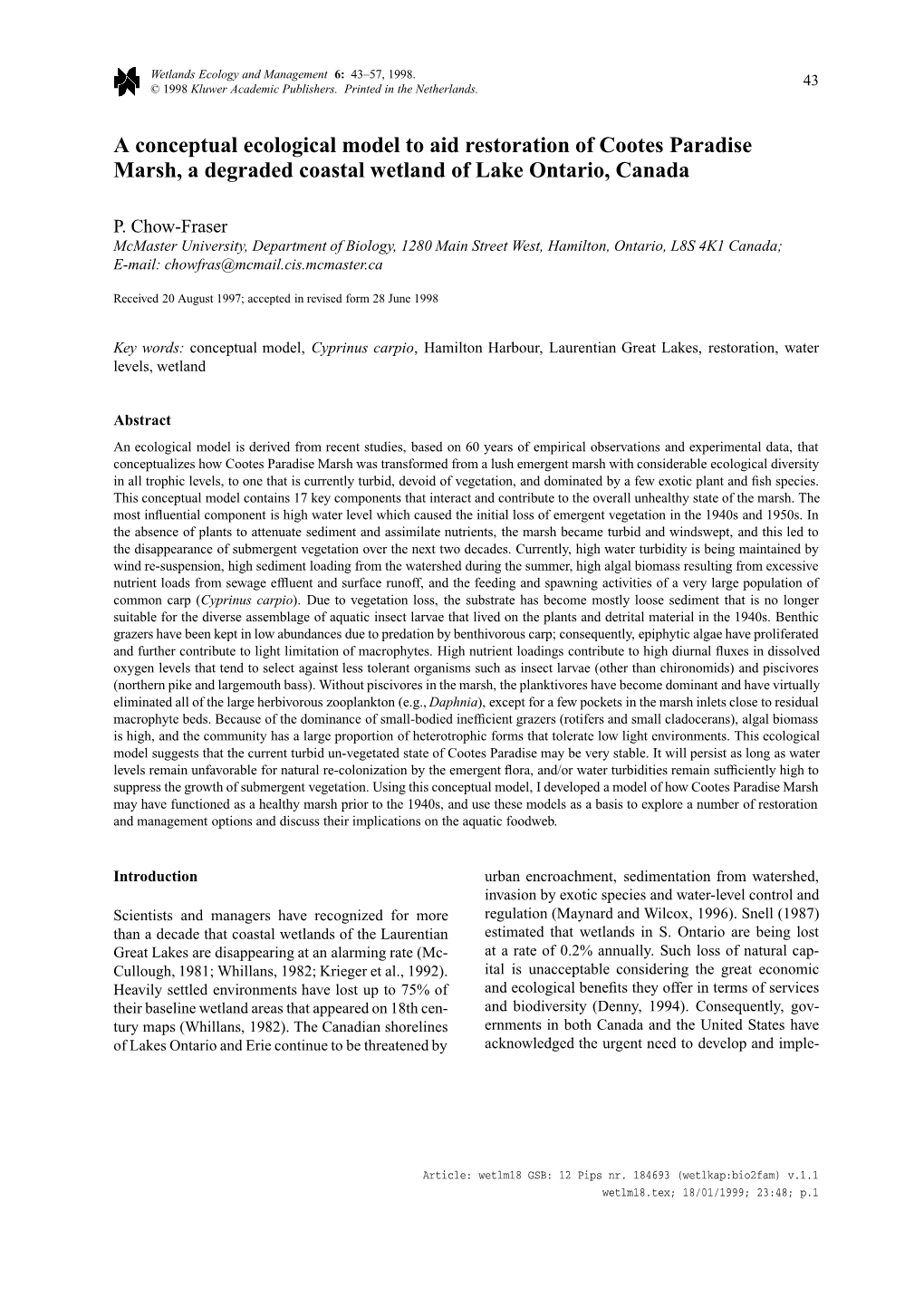 A Conceptual Ecological Model to Aid Restoration of Cootes Paradise Marsh, a Degraded Coastal Wetland of Lake Ontario, Canada