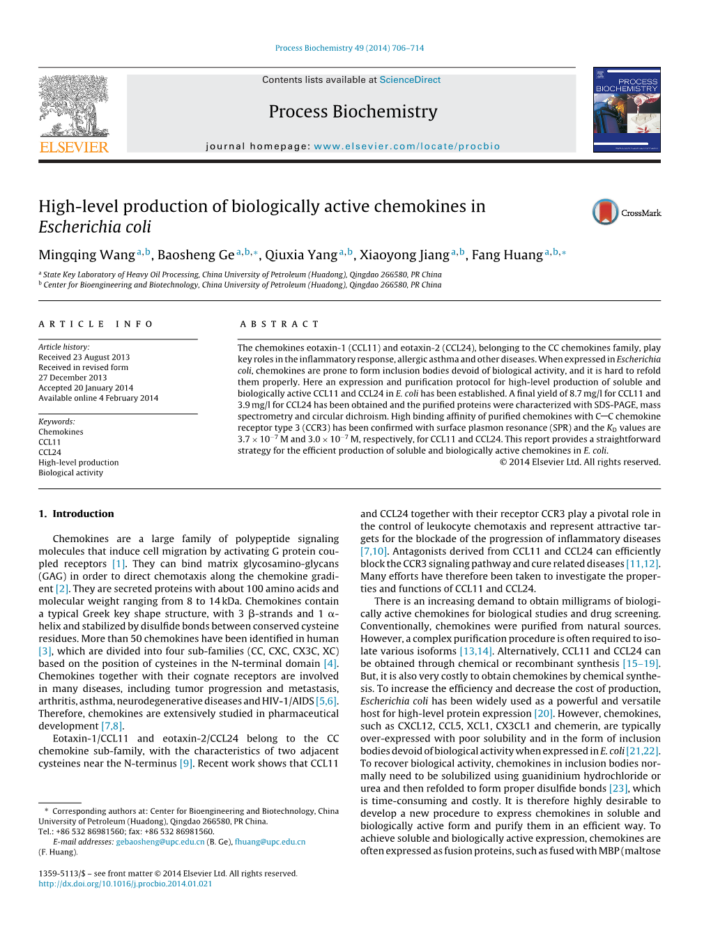 High-Level Production of Biologically Active Chemokines in Escherichia Coli