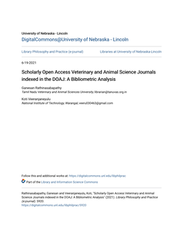 Scholarly Open Access Veterinary and Animal Science Journals Indexed in the DOAJ: a Bibliometric Analysis
