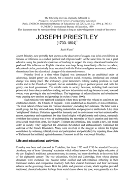 Joseph Priestley (1733-1804)1