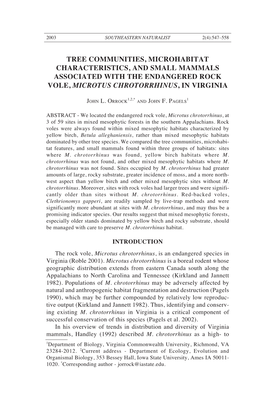 Tree Communities, Microhabitat Characteristics, and Small Mammals Associated with the Endangered Rock Vole, Microtus Chrotorrhinus, in Virginia