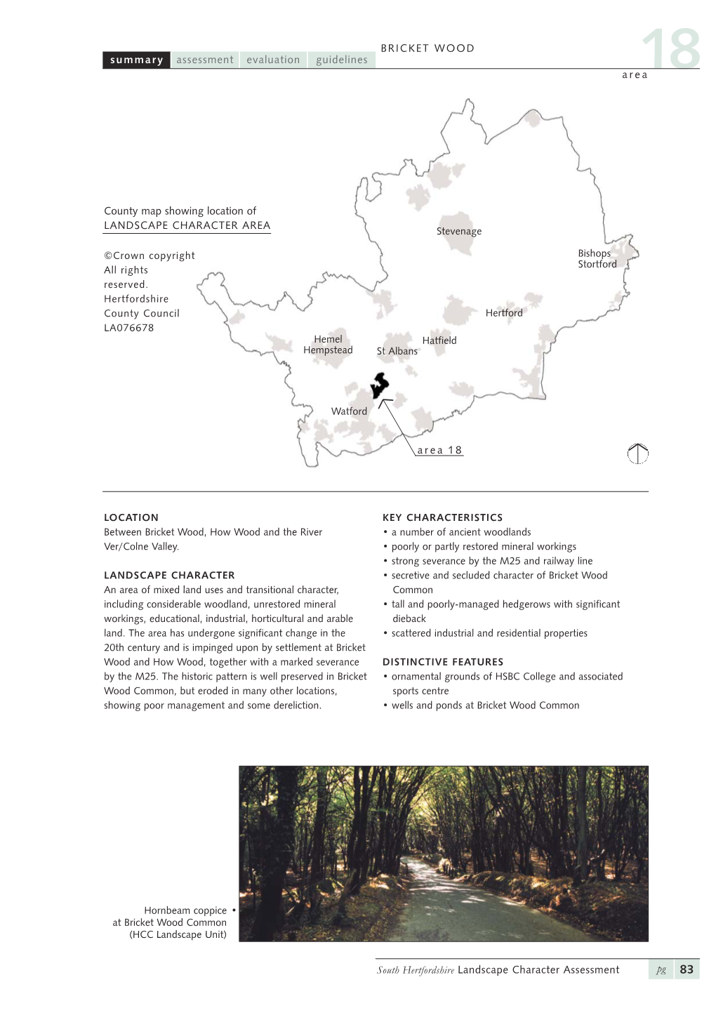 Area Summary Assessment Guidelines Evaluation BRICKET WOOD South Hertfordshire Landscape Character Assessment Pg County Map Show