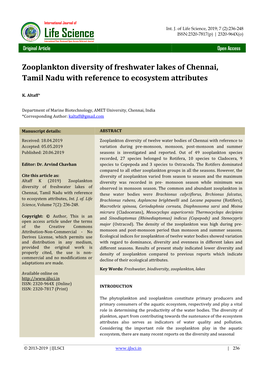 Zooplankton Diversity of Freshwater Lakes of Chennai, Tamil Nadu with Reference to Ecosystem Attributes