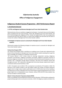 Cquniversity Australia Office of Indigenous Engagement Indigenous Student Success Programme – 2017 Performance Report