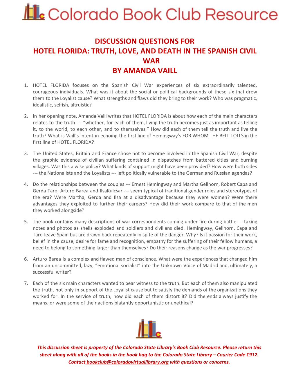 Discussion Questions for Hotel Florida: Truth, Love, and Death in the Spanish Civil War by Amanda Vaill