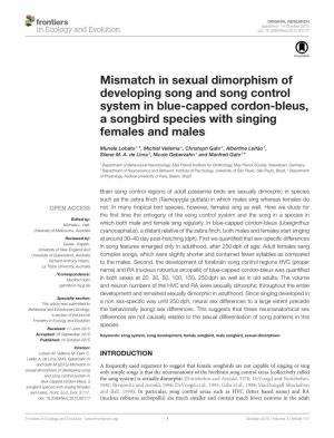 Mismatch in Sexual Dimorphism of Developing Song and Song Control System in Blue-Capped Cordon-Bleus, a Songbird Species with Singing Females and Males