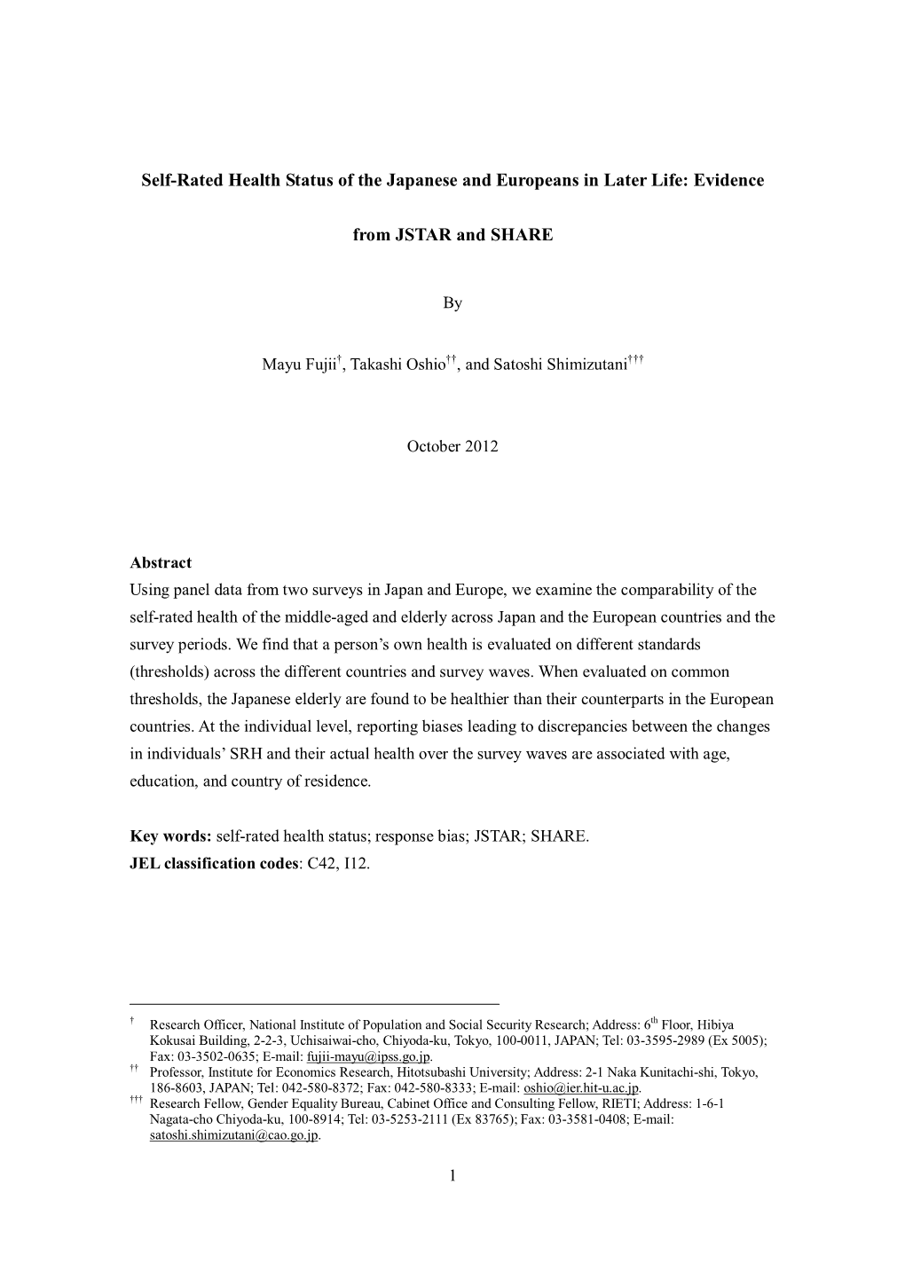 Self-Rated Health Status of the Japanese and Europeans in Later Life: Evidence