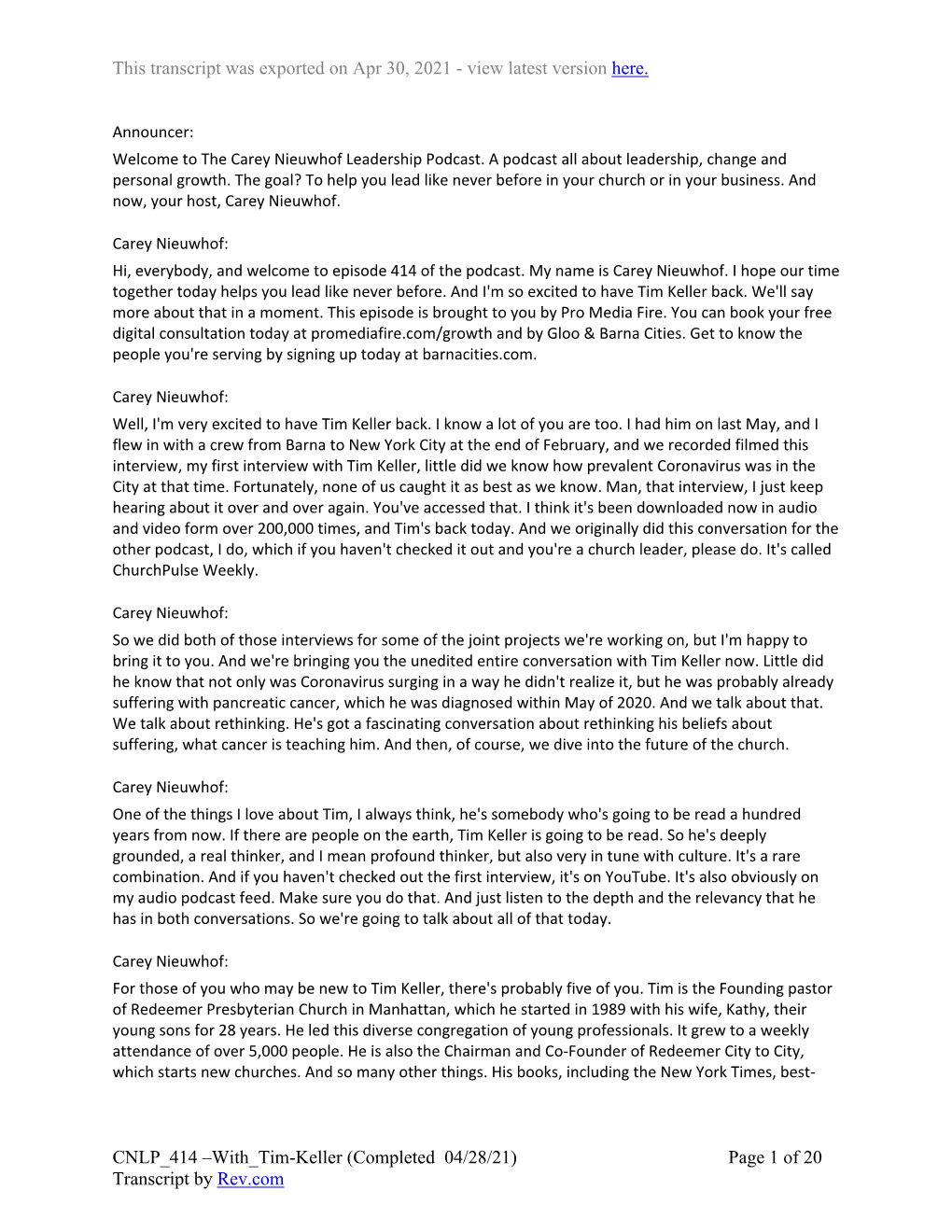 With Tim-Keller (Completed 04/28/21) Page 1 of 20 Transcript by Rev.Com This Transcript Was Exported on Apr 30, 2021 - View Latest Version Here