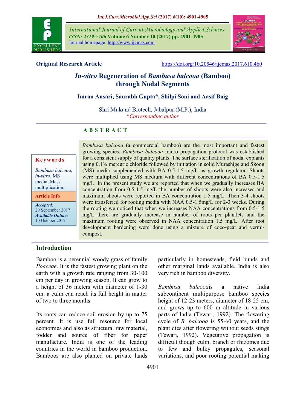 In-Vitro Regeneration of Bambusa Balcooa (Bamboo) Through Nodal Segments