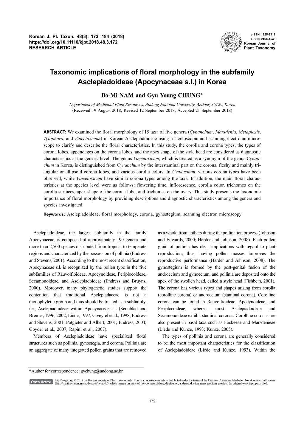 Taxonomic Implications of Floral Morphology in the Subfamily Asclepiadoideae (Apocynaceae S.L.) in Korea