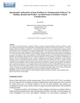 “Fundamentals of Physics” by Halliday, Resnick and Walker: an Initial Study of Students’ Critical Considerations