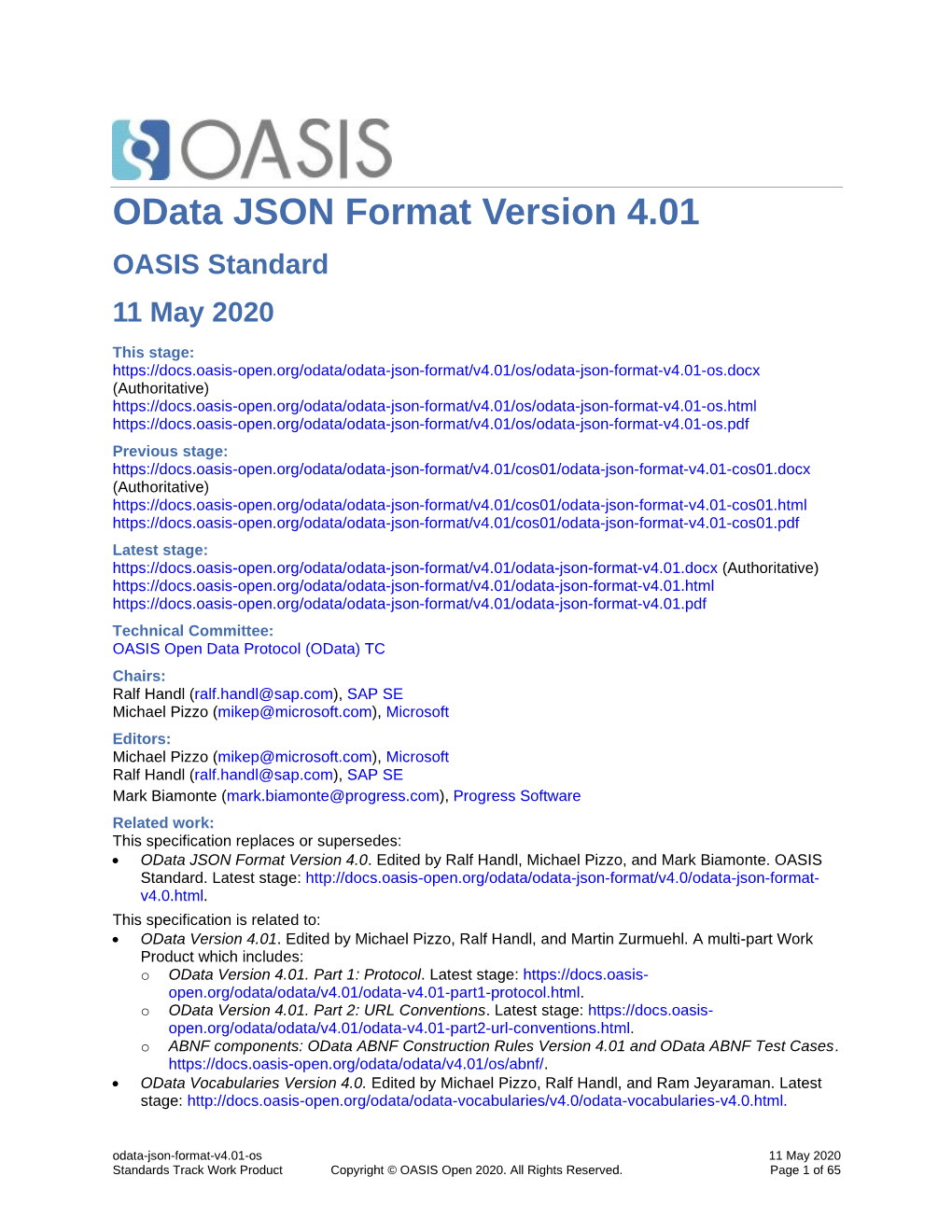 Odata JSON Format Version 4.01 OASIS Standard 11 May 2020