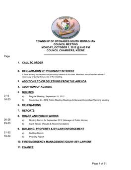 TOWNSHIP of OTONABEE-SOUTH MONAGHAN COUNCIL MEETING MONDAY, OCTOBER 1, 2012 @ 6:00 PM COUNCIL CHAMBERS, KEENE ______Page