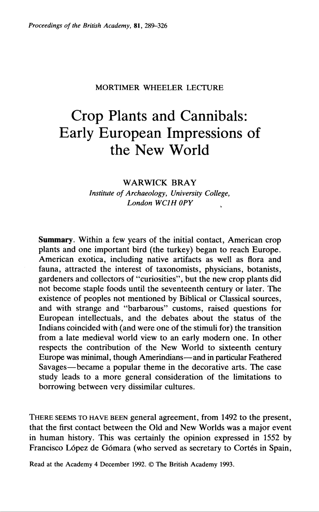 Crop Plants and Cannibals: Early European Impressions of the New World