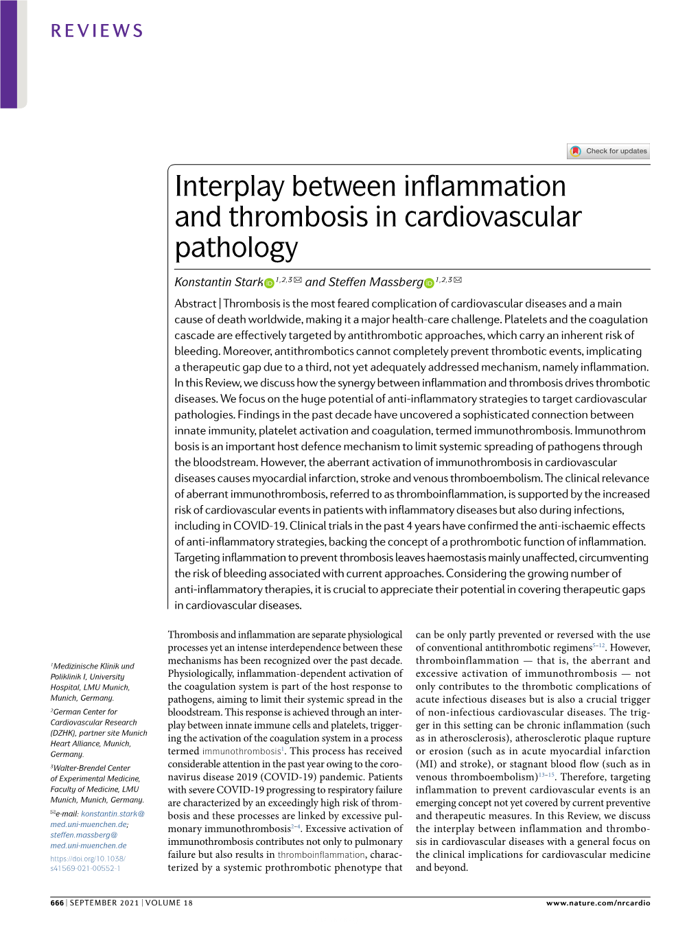 Interplay Between Inflammation and Thrombosis in Cardiovascular Pathology