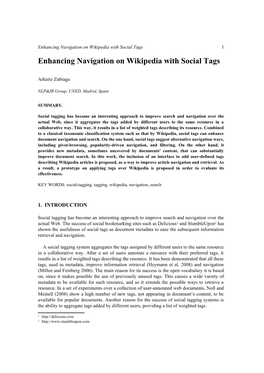 Enhancing Navigation on Wikipedia with Social Tags 1 Enhancing Navigation on Wikipedia with Social Tags