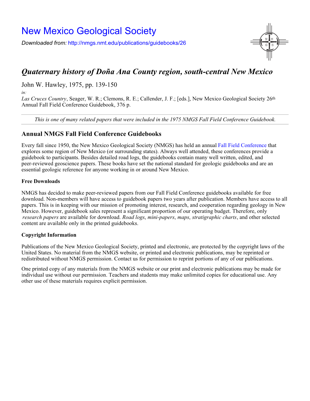 Quaternary History of Doña Ana County Region, South-Central New Mexico John W