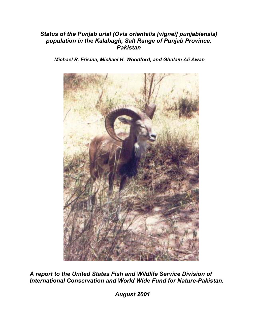 Status of the Kalabagh Urial (Ovis Orientalis Punjabiensis) Population
