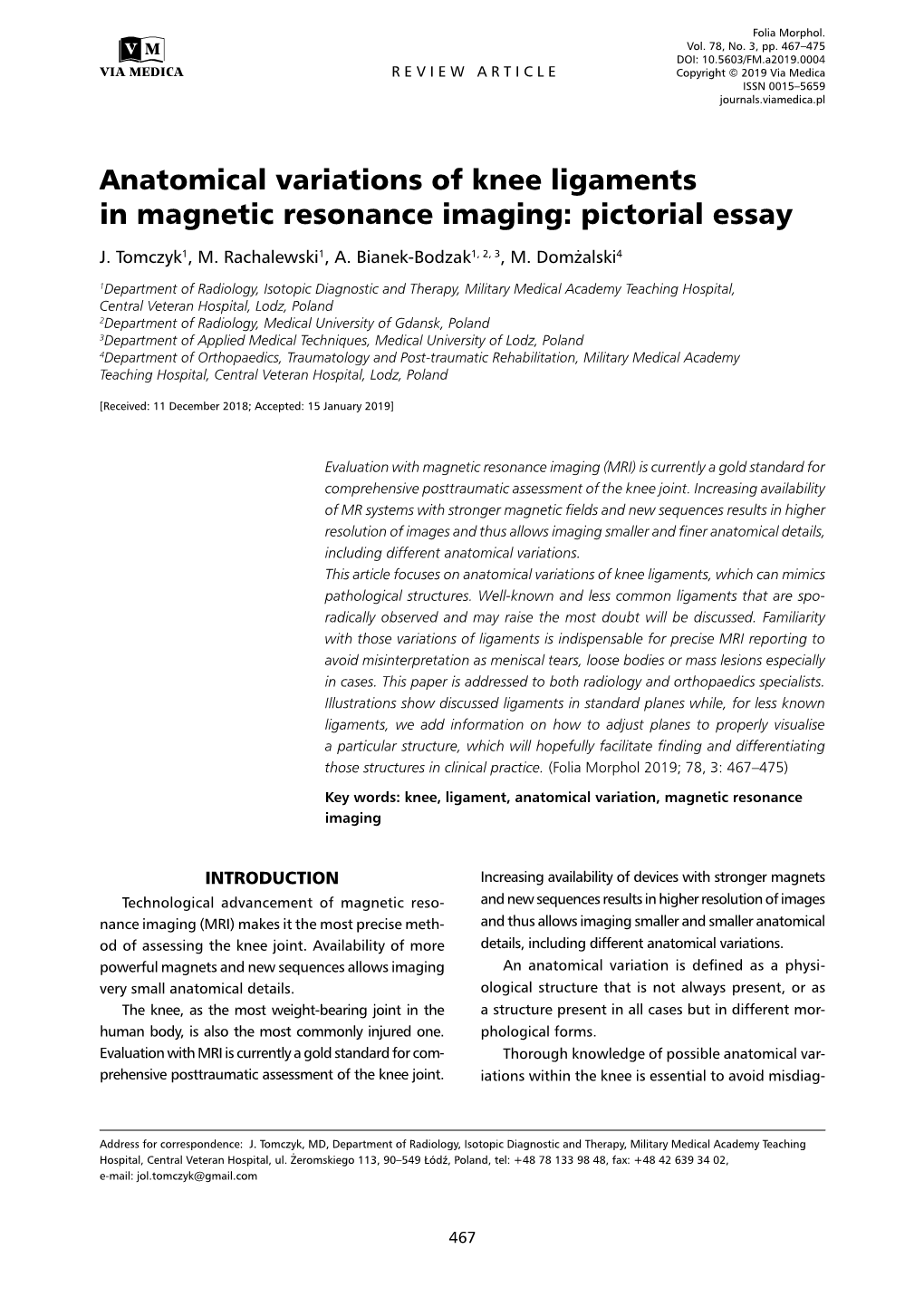 Anatomical Variations of Knee Ligaments in Magnetic Resonance Imaging: Pictorial Essay J