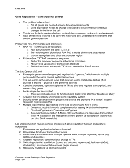 Gene Regulation I – Transcriptional Control