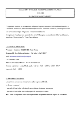 Reglement Interieur Des Services Periscolaires 2019-2020 Du Sivos De Montemboeuf
