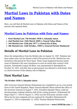 Martial Laws in Pakistan with Dates and Names Martial Laws in Pakistan with Dates and Names