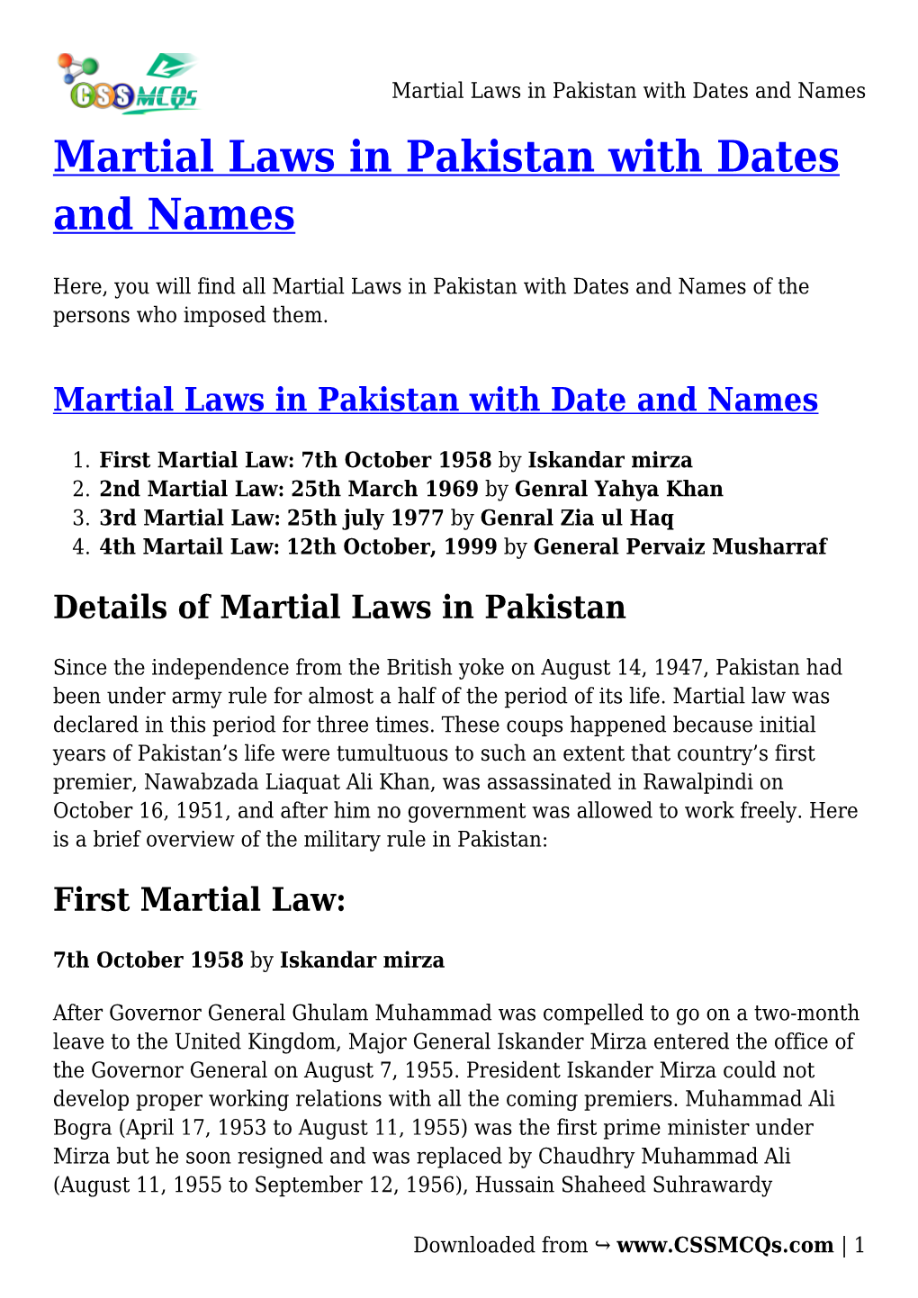Martial Laws in Pakistan with Dates and Names Martial Laws in Pakistan with Dates and Names