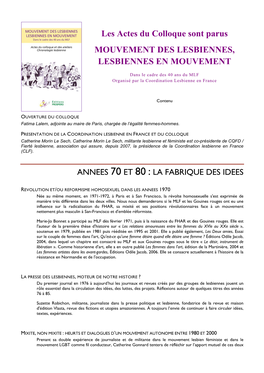 Les Actes Du Colloque Sont Parus MOUVEMENT DES LESBIENNES, LESBIENNES EN MOUVEMENT