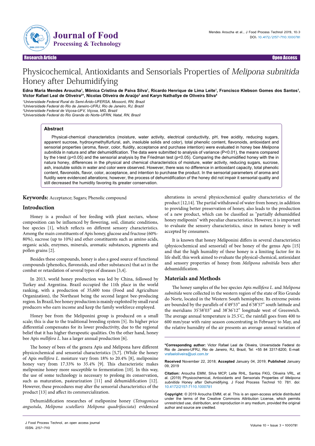 Physicochemical, Antioxidants and Sensorials Properties of Melipona Subnitida Honey After Dehumidifying