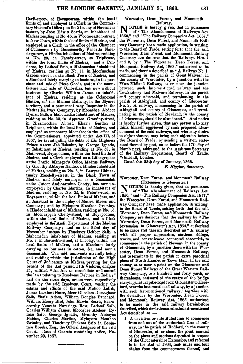 The London Gazette, January 31, 1868. 481