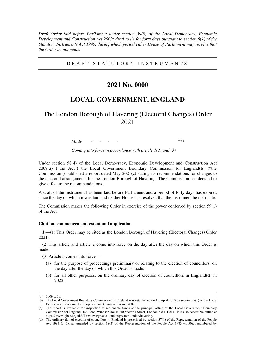 The London Borough of Havering (Electoral Changes) Order 2021