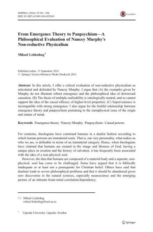 From Emergence Theory to Panpsychism—A Philosophical Evaluation of Nancey Murphy’S Non-Reductive Physicalism