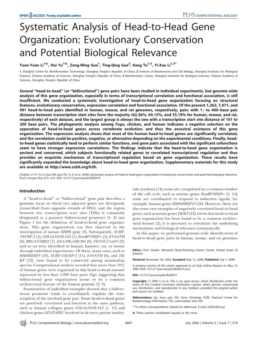 Systematic Analysis of Head-To-Head Gene Organization: Evolutionary Conservation and Potential Biological Relevance