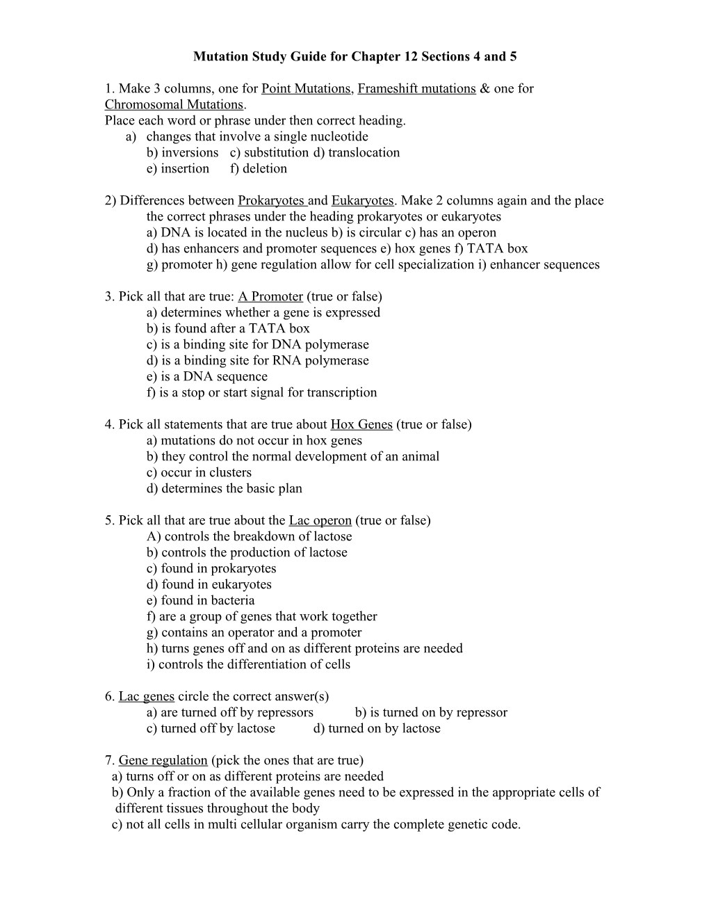 Mutation Study Guide for Chapter 12 Sections 4 and 5