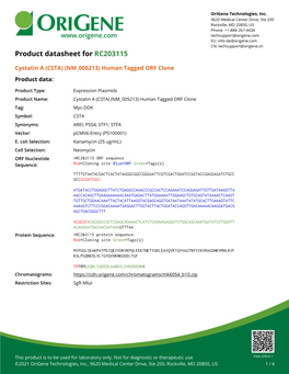 Cystatin a (CSTA) (NM 005213) Human Tagged ORF Clone Product Data