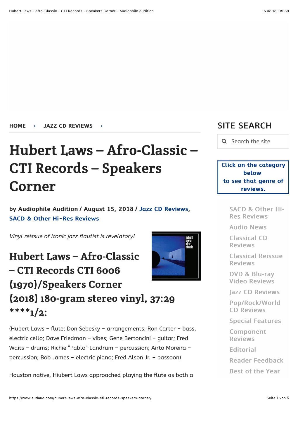 Hubert Laws – Afro-Classic – CTI Records – Speakers Corner