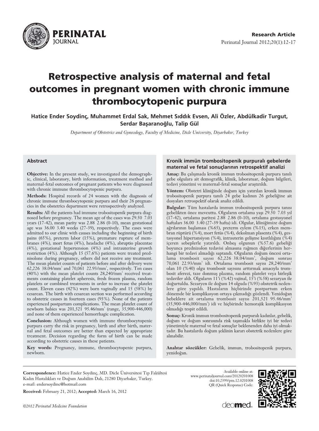 Retrospective Analysis of Maternal and Fetal Outcomes in Pregnant Women with Chronic Immune Thrombocytopenic Purpura