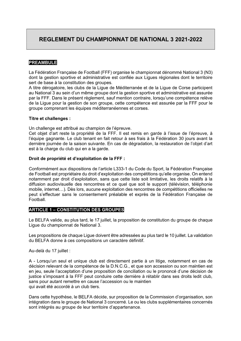 Reglement Du Championnat De National 3 2021-2022