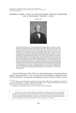 JHBS—WILEY RIGHT BATCH Short Standa Base O 285 FRIEDRICH ALBERT LANGE on NEO-KANTIANISM, SOCIALIST DARWINISM, and a PSYCHOLOGY