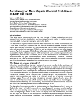 Mars Astrobiology White Paper