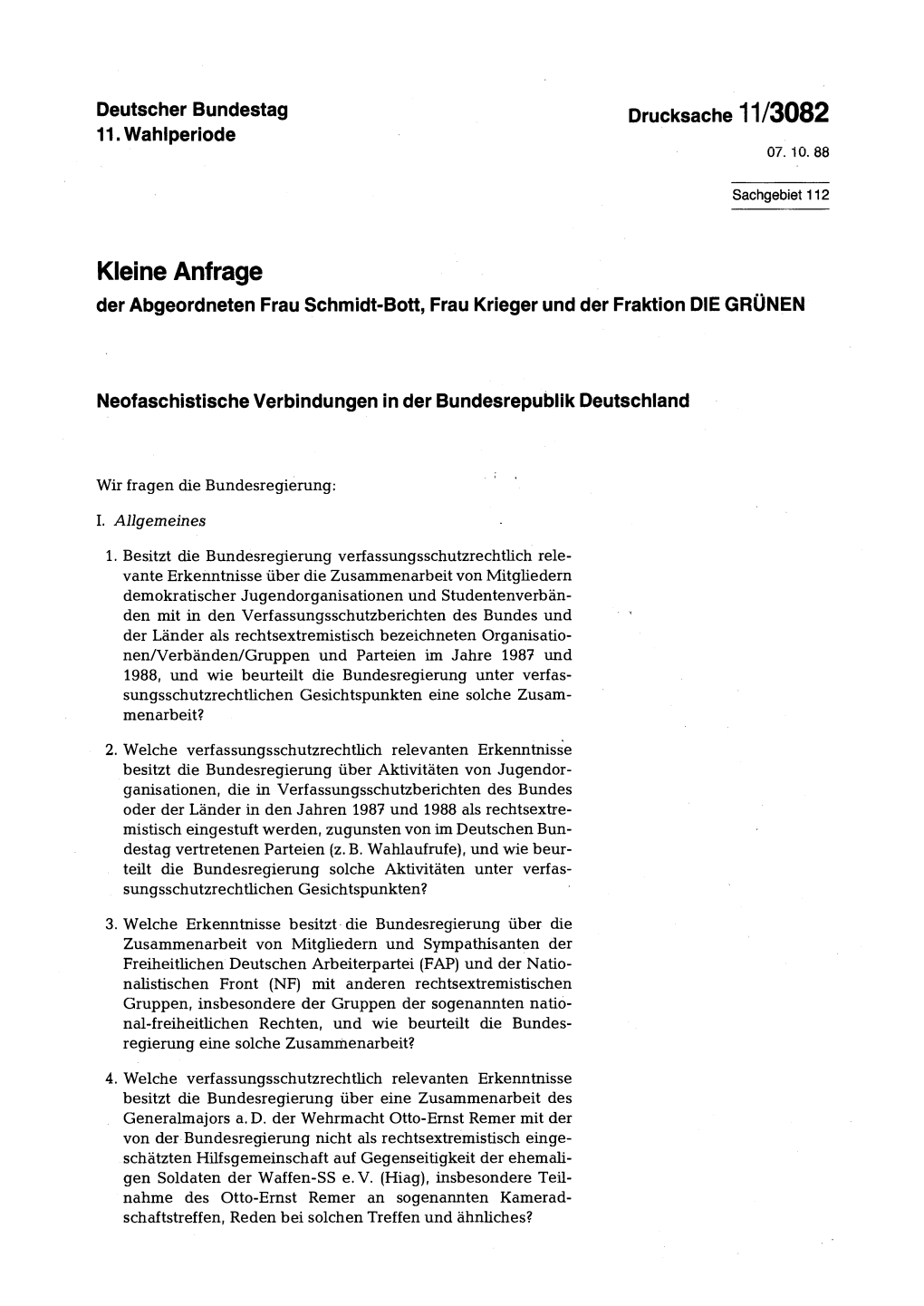 Kleine Anfrage Der Abgeordneten Frau Schmidt-Bott, Frau Krieger Und Der Fraktion DIE GRÜNEN