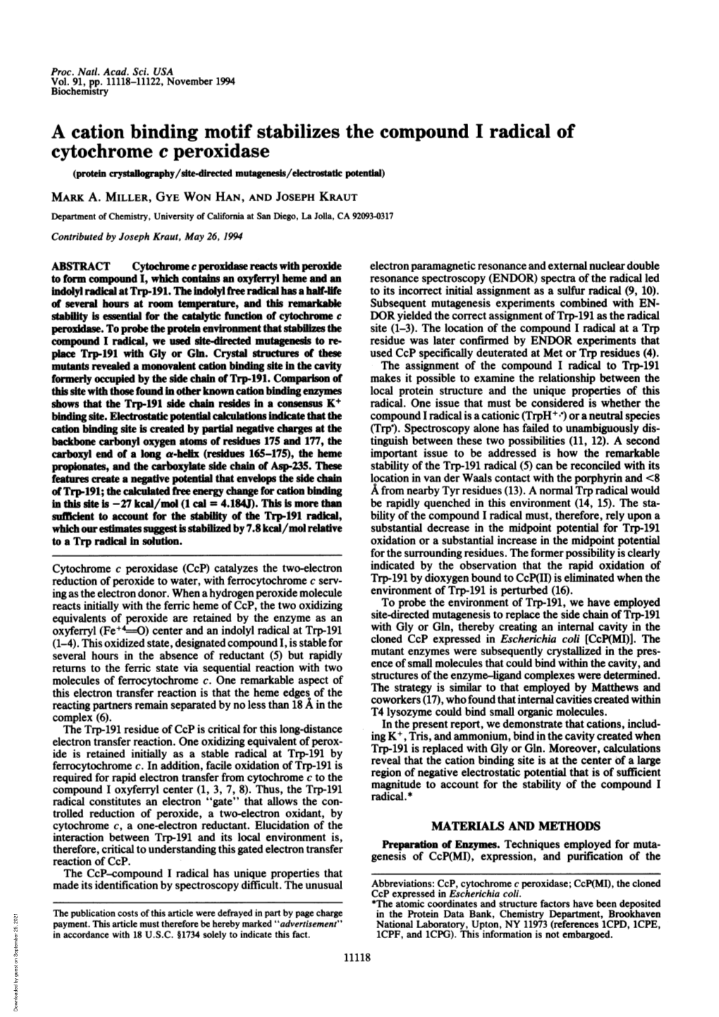 Cytochrome C Peroxidase (Protein Crystaflography/Site-Drected Mutagenesis/Electrostatic Potential) MARK A